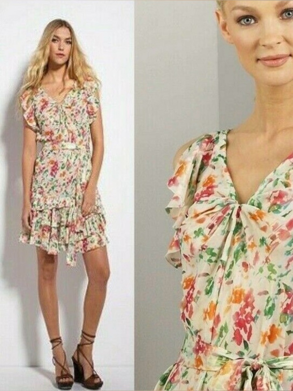Diane Von Furstenberg 8 Lupe rainbow garden whimsical floral ruffle midi dress